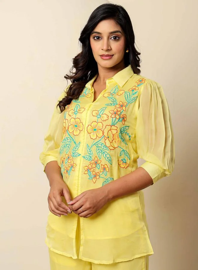 KASYA Yellow Embroidered Organza Co-Ord Set
